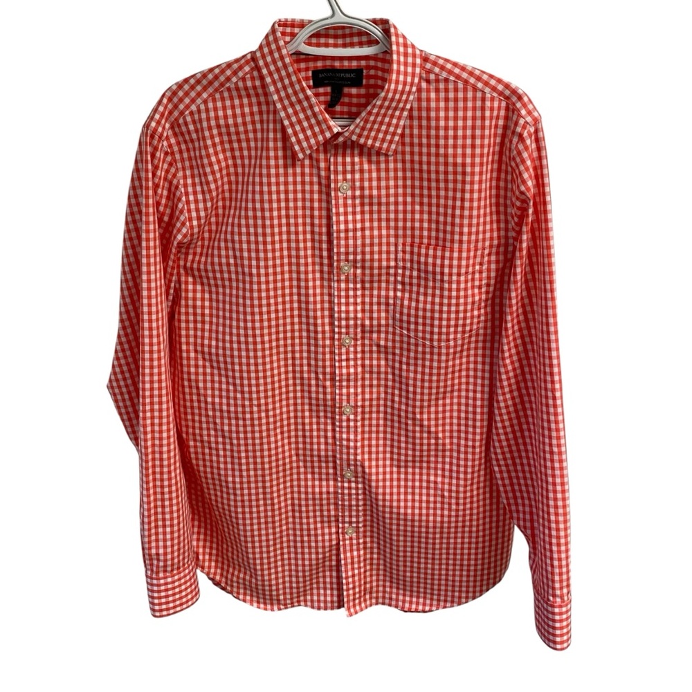 Banana‎ Republic Men's Orange Checkered Non Iron Tailored Slim Shirt 16-16 1/2 - Picture 2 of 14